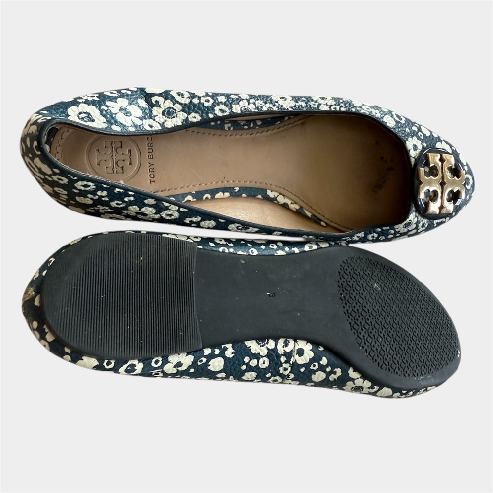 Tory Burch Reva Ballet Flats Womens 8 Navy White Floral Leather Gold Logo Good - Picture 10 of 15